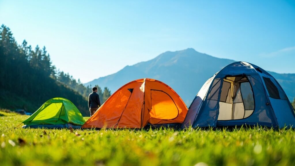 A quick setup tent pitched in a sunny meadow with hiking gear nearby