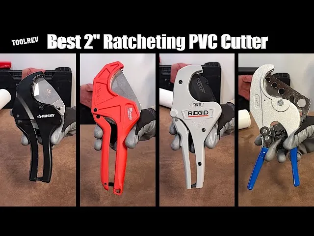 A ratcheting PVC pipe cutter slicing through a thick pipe on a workbench.
