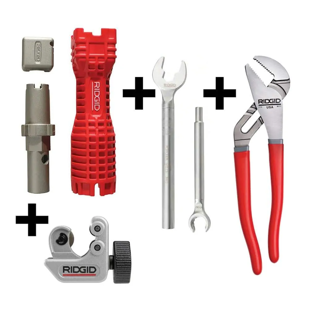 A Ridgid tubing cutter clamped onto a copper pipe for a clean, square cut.