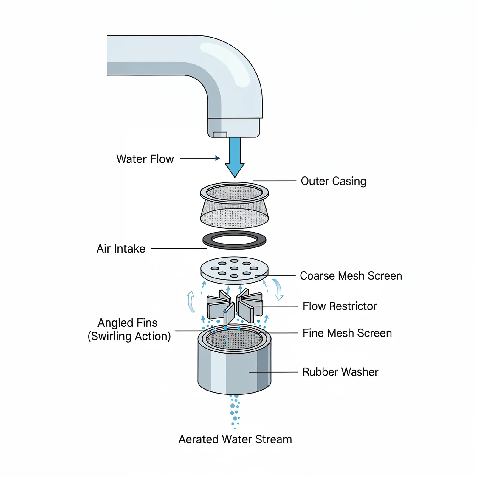 Rinsing sediment from a faucet aerator to maintain plumbing fixtures in a kitchen.