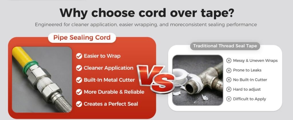 A roll of PTFE tape and thread sealing cord used for plumbing projects.
