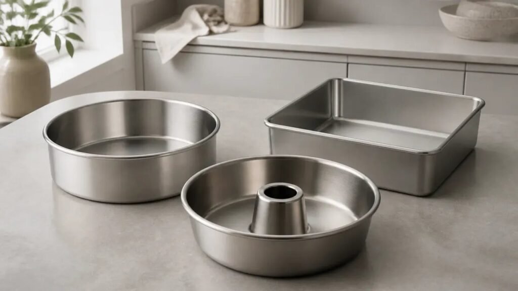Round stainless steel cake pan on a light oak kitchen counter in soft morning light