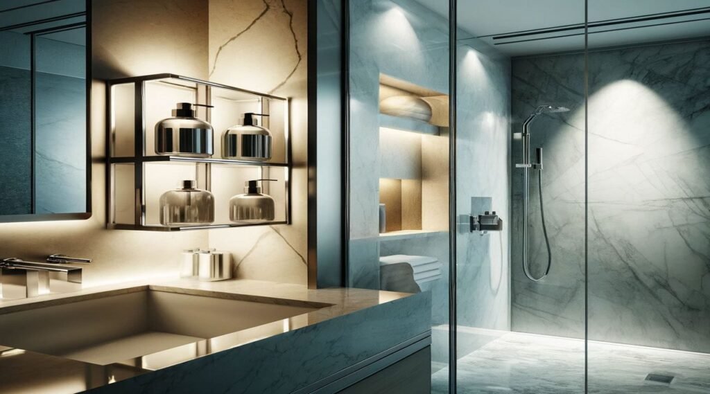 A selection of premium bathroom soap dispensers arranged on a clean marble countertop.