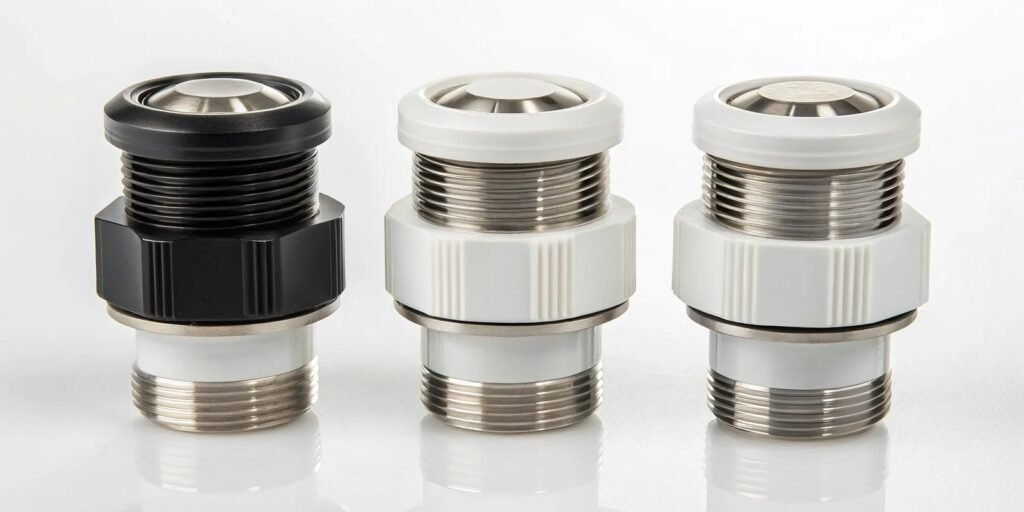 A selection of professional air admittance valves displayed on a clean countertop.