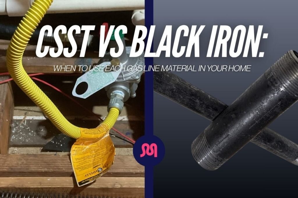 Side by side comparison of black iron pipe and yellow CSST gas piping.