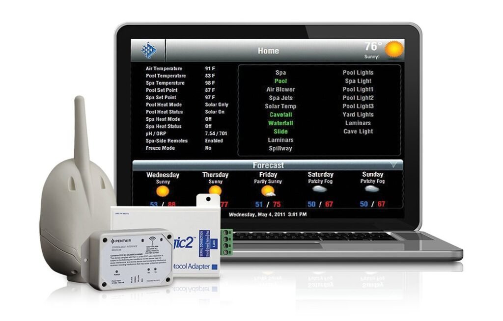 Side-by-side comparison of Pentair IntelliCenter and ScreenLogic pool controllers on a patio