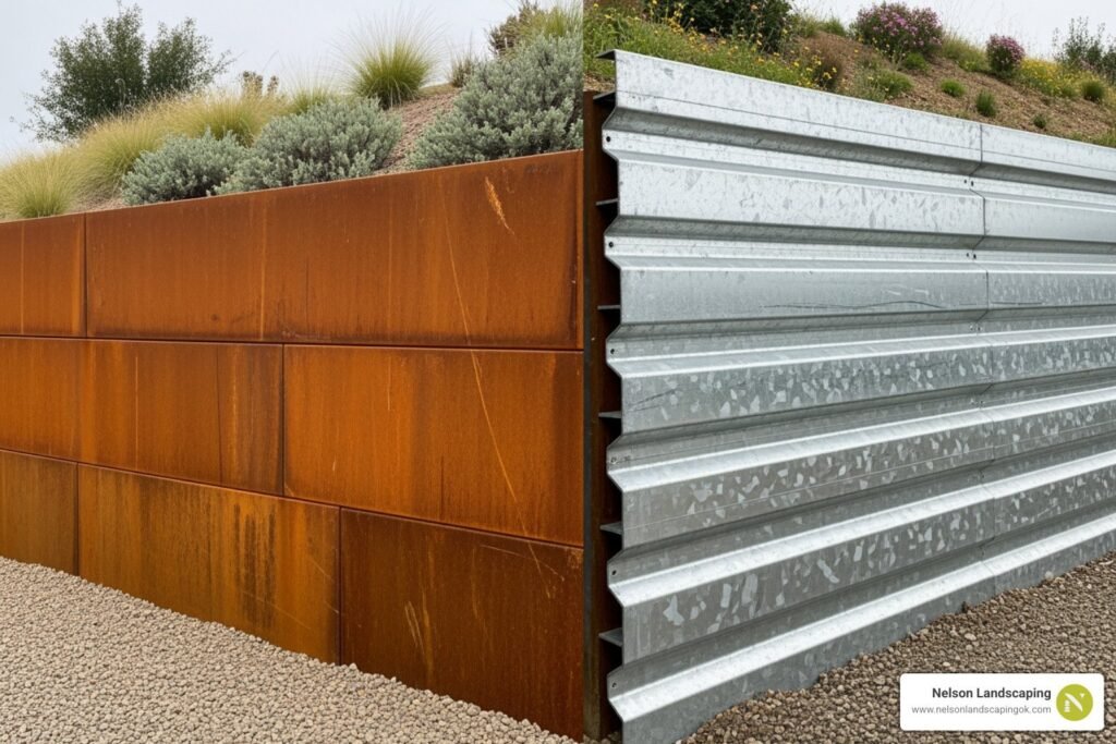 Side-by-side comparison of a steel wall panel and a concrete wall under natural light