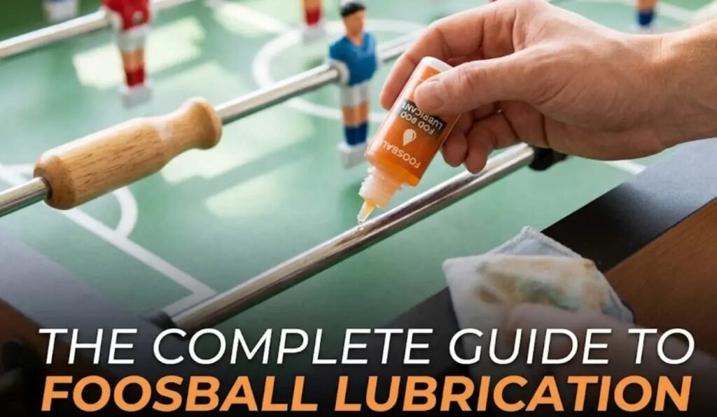 Silicone spray and cloth ready next to a foosball table for lubrication