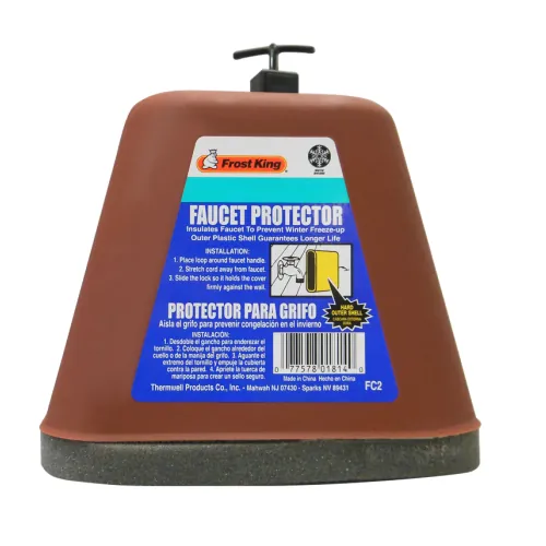 A simple foam block faucet cover is pressed against an outdoor water spigot.