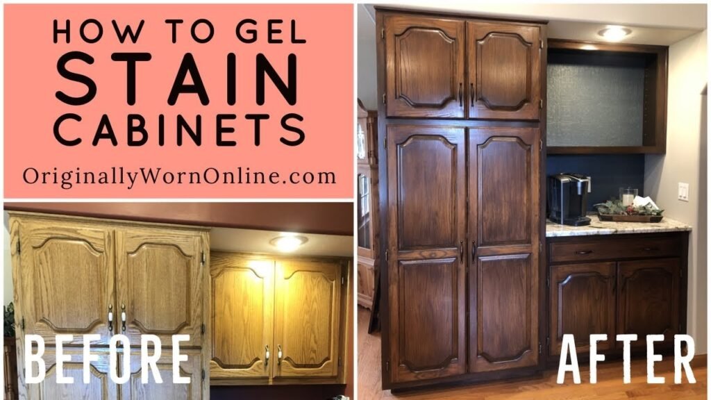 A skilled woodworker carefully applies a rich gel stain to kitchen cabinets.