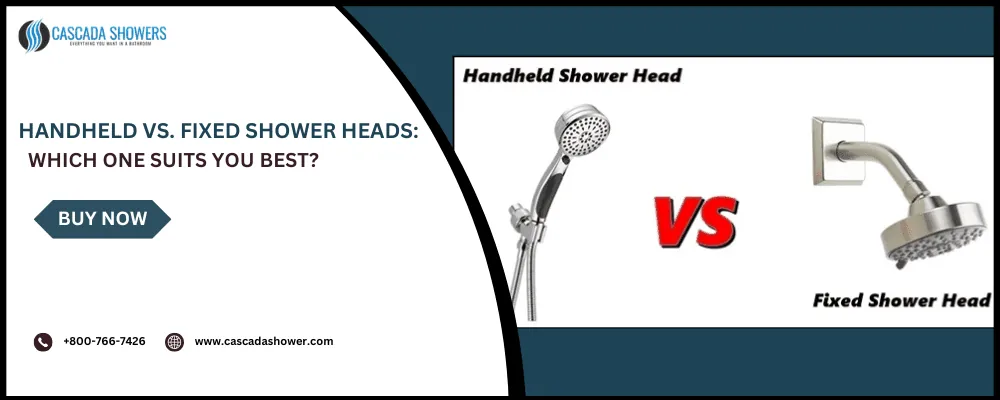 A sleek bathroom interior comparing a fixed shower head with a versatile handheld unit.
