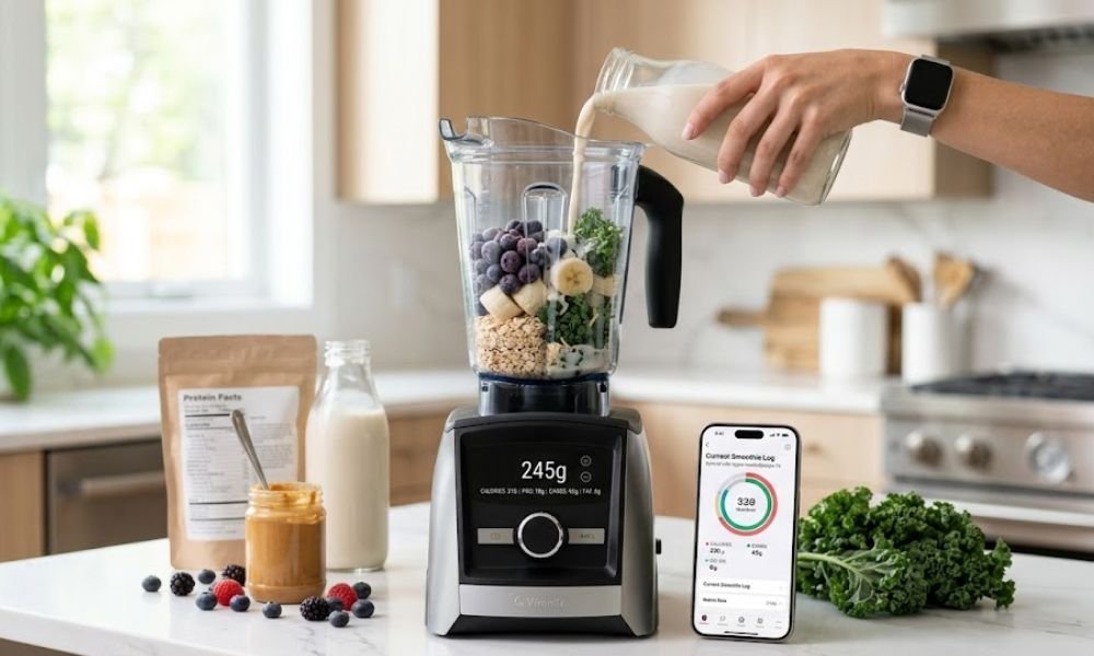 Smart blender with nutrition calculator on modern kitchen counter with fresh ingredients