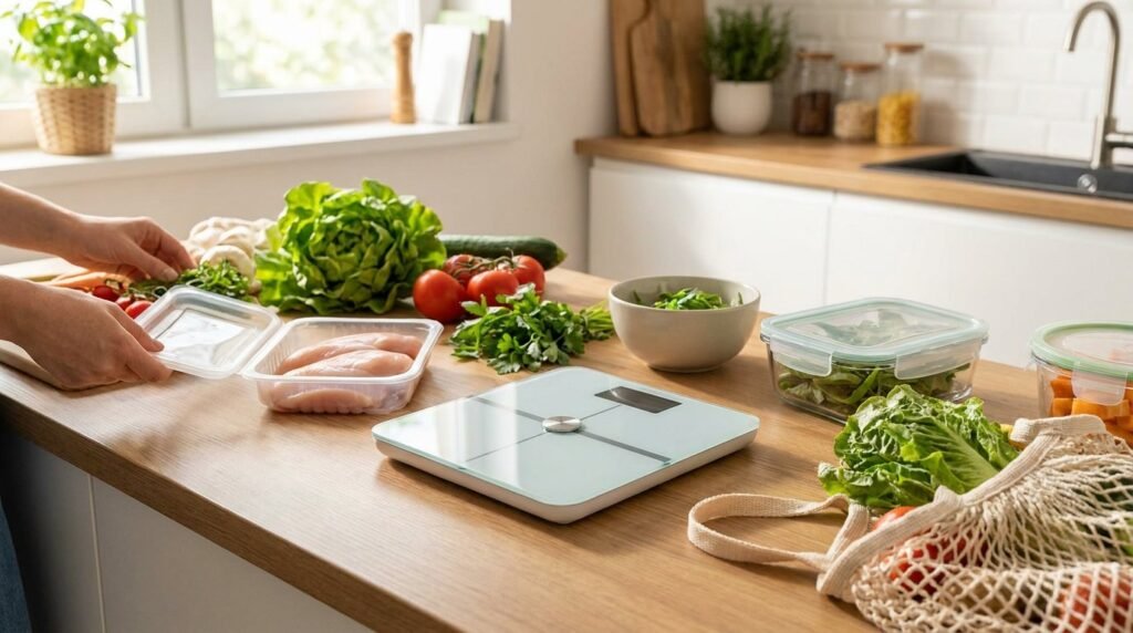 Smart food scale on marble counter with fresh ingredients and digital display