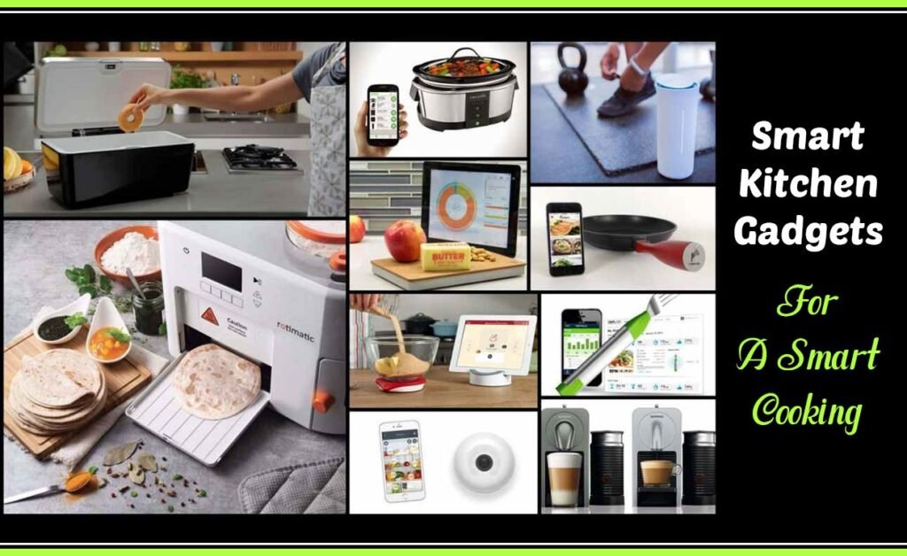 Smart kitchen gadgets on a modern marble countertop with natural lighting
