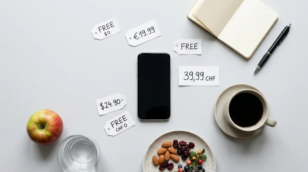 Smartphone showing a free calorie counter app with fruit and water on a wooden table
