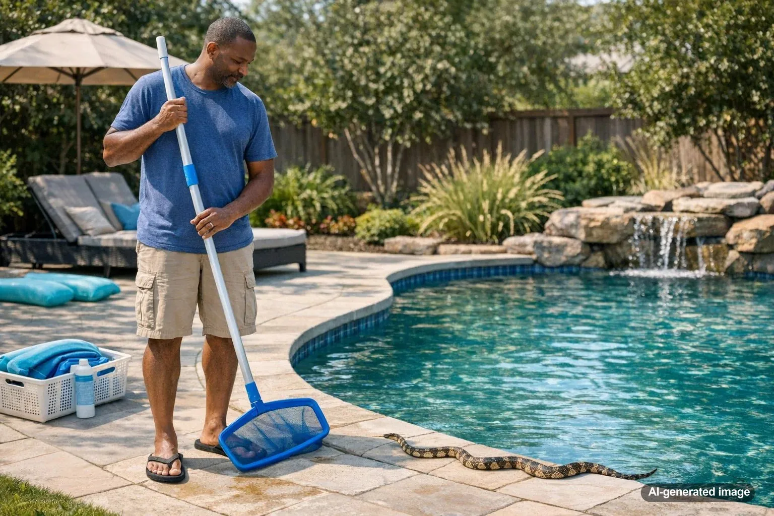 Snake found on pool deck needing safe removal steps.