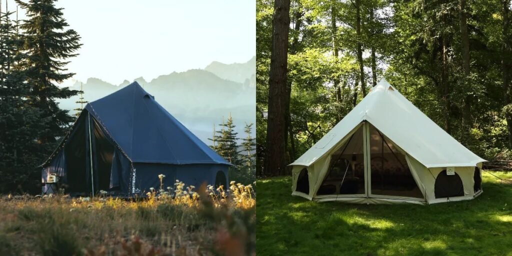 Spacious dome tent in a forest clearing at dawn, ideal for long-term camping