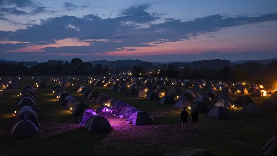 Spacious modern tent set up on grass with festival camping gear at sunset