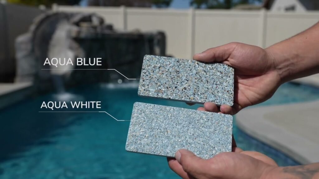 Split view comparing aqua blue and aqua white mini pebble pool finishes underwater