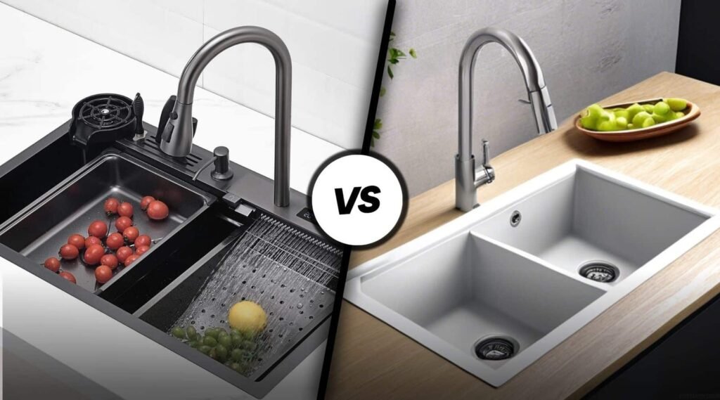 A stainless steel kitchen sink and a granite composite sink side by side.