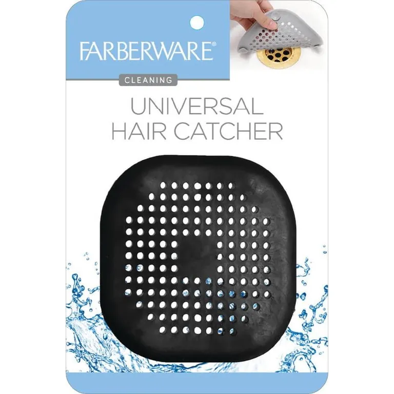A stainless steel mesh strainer placed over a modern pop-up drain.