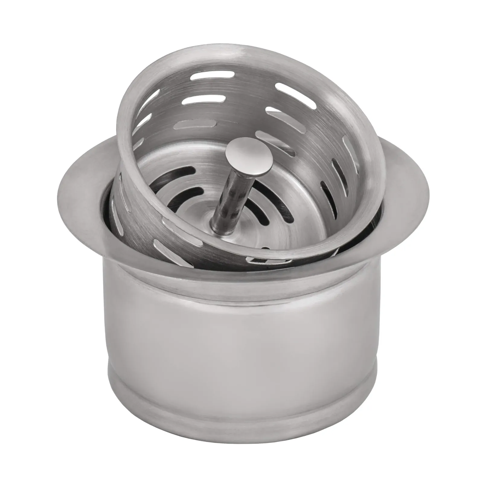 A stainless steel sink strainer installed in a clean porcelain kitchen sink basin.
