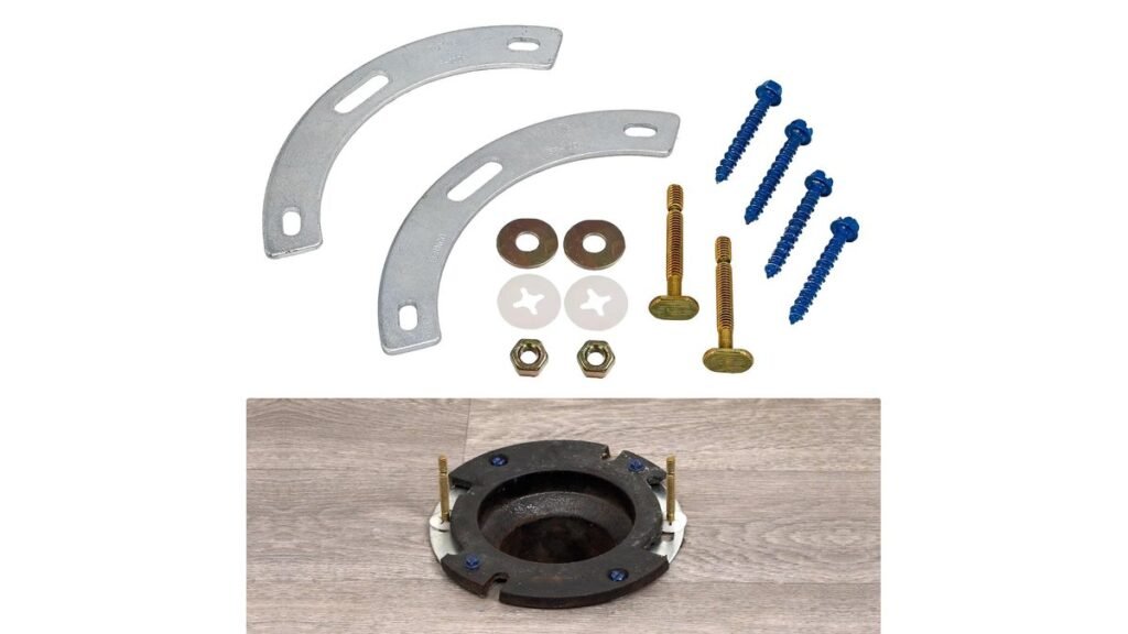 A stainless steel toilet flange repair kit displayed on a bathroom tile floor.