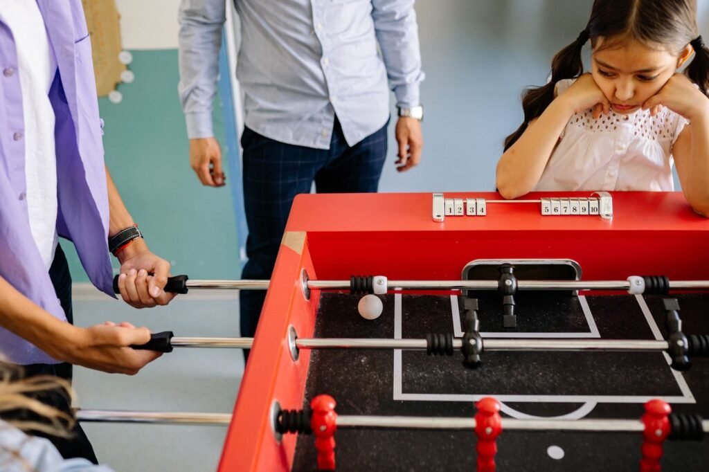 Standard foosball table setup ready for practicing shooting techniques