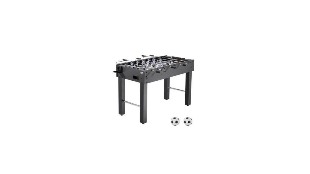 Standard size foosball table in a bright modern living room.