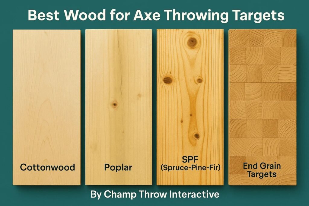 A steel axe embedded in a thick wooden target for professional axe throwing.