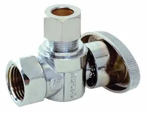 A straight stop valve connecting a vertical pipe to a supply line.