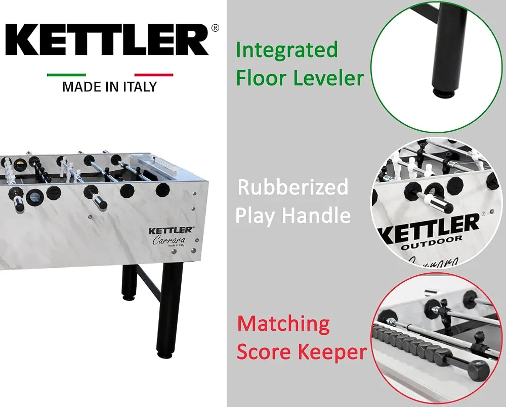 Sturdy steel base and wood rods of a Kettler foosball table ensure stability during play.