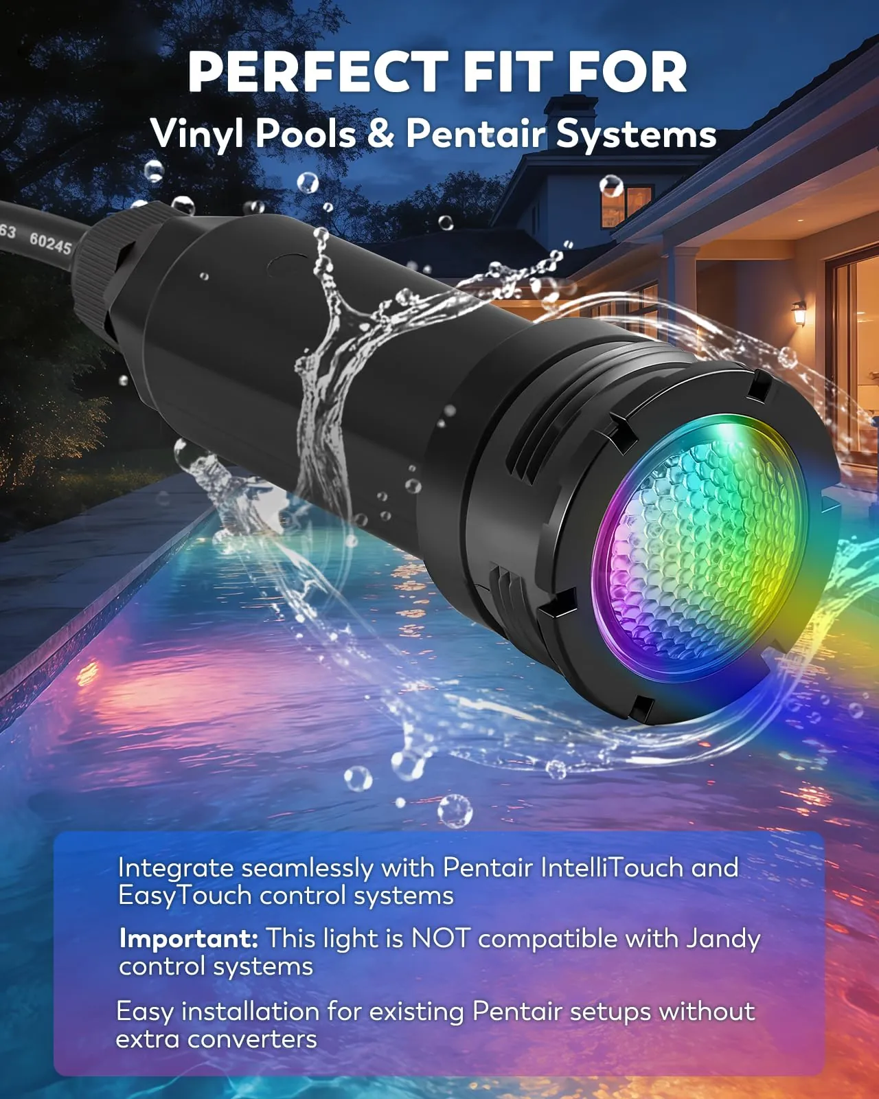 Submerged pool light emitting a solid white beam into clear blue water.