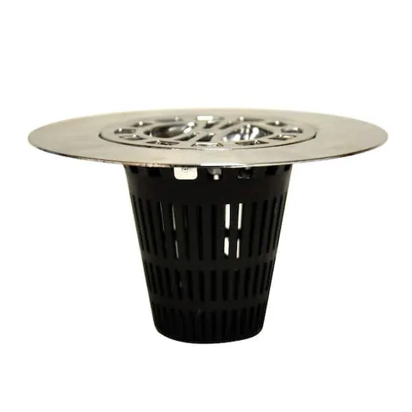 A suction cup drain guard attached securely to a smooth bathtub floor.
