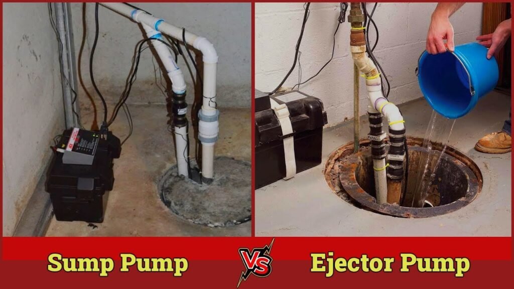 A sump pump and a sewage ejector pump sitting on a clean concrete floor.
