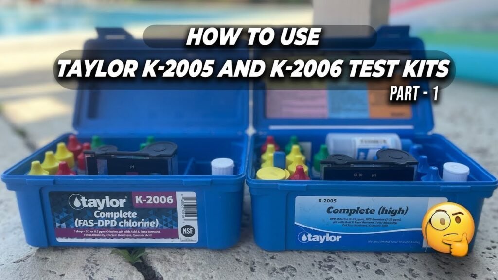 Taylor K-2006 and K-2005 pool test kits displayed side by side on a clean lab bench.