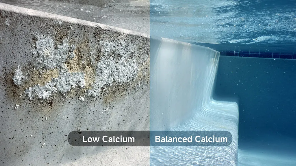 Technician mixing calcium chloride powder in a bucket near a pool.