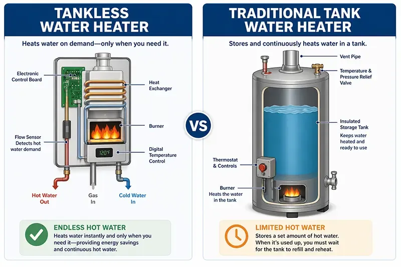 A technician performing routine maintenance on a modern tankless water heater system.
