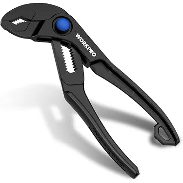 Thin-profile tongue and groove pliers reaching into a tight plumbing space.
