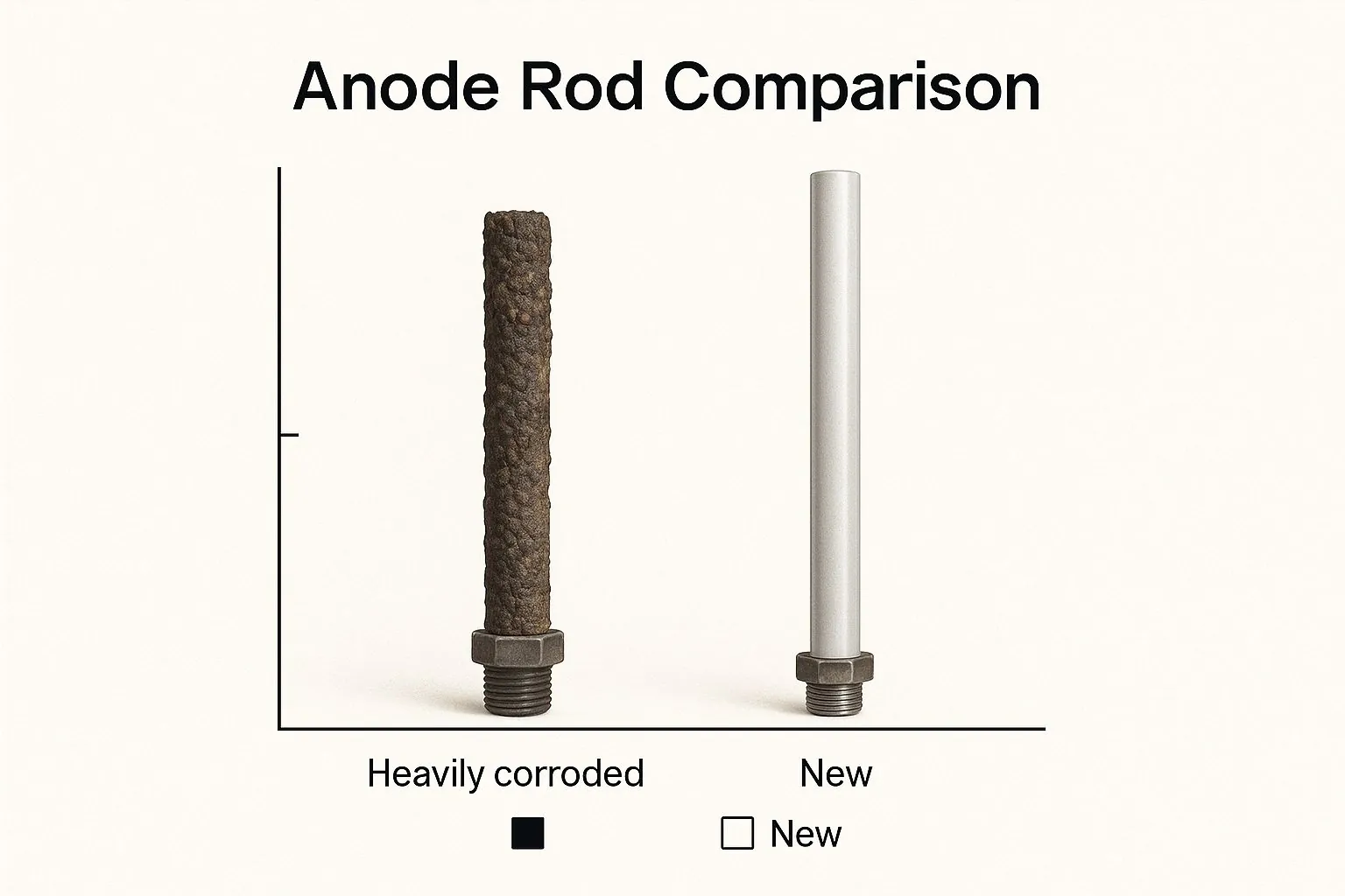 Three different material types of anode rods lined up for comparison and inspection.