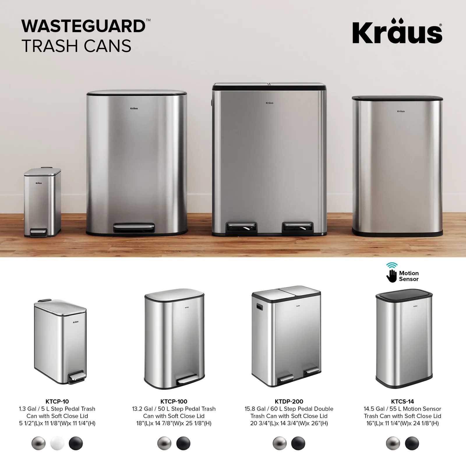 Three different styles of trash cans lined up in a modern utility room.
