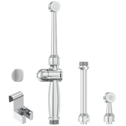 Three different types of handheld bidet sprayers displayed on a wooden vanity.