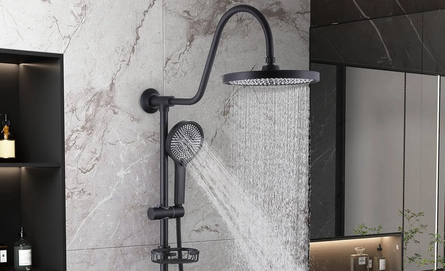 Three different types of shower heads displayed side by side for a comparison.
