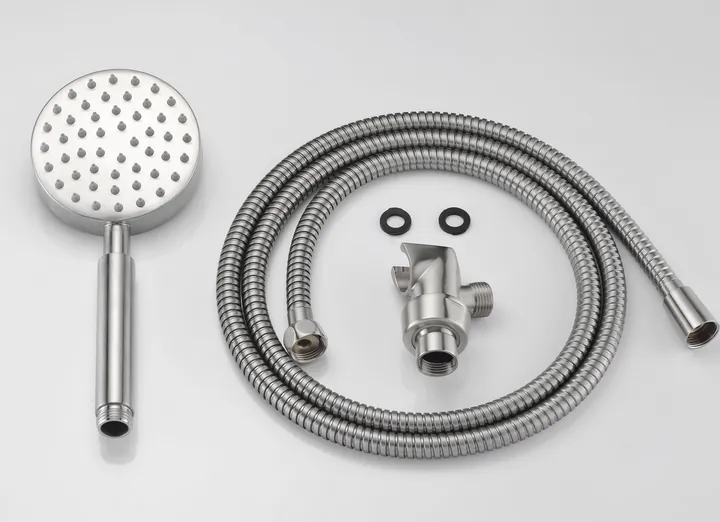 Three different types of shower hoses displayed side-by-side for a material comparison.