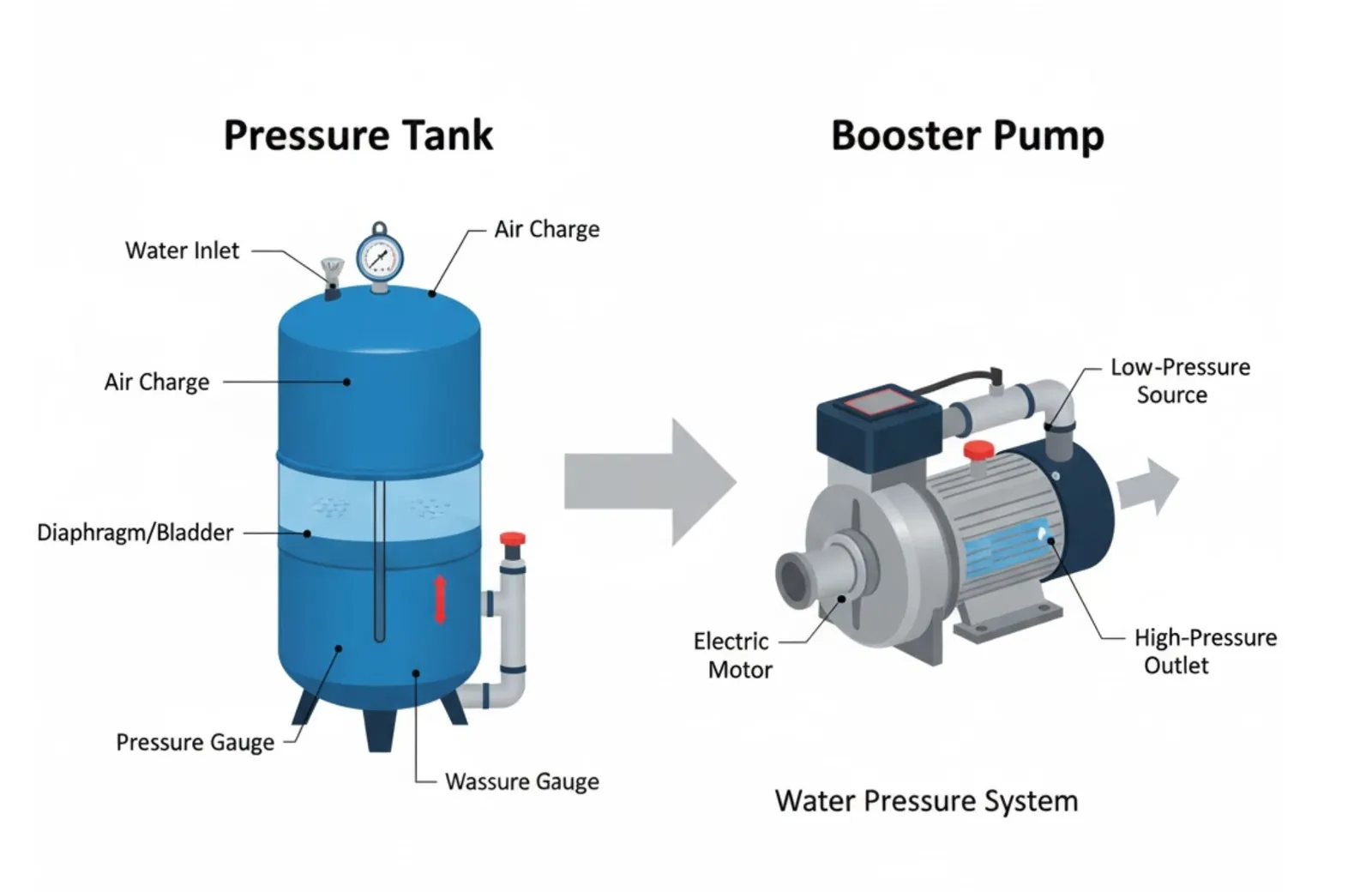 Three distinct types of water pressure booster pumps arranged on a clean workshop bench.