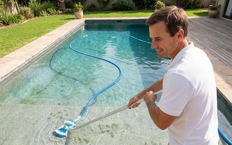 Three pool vacuums on poolside tiles with water droplets in sunlight