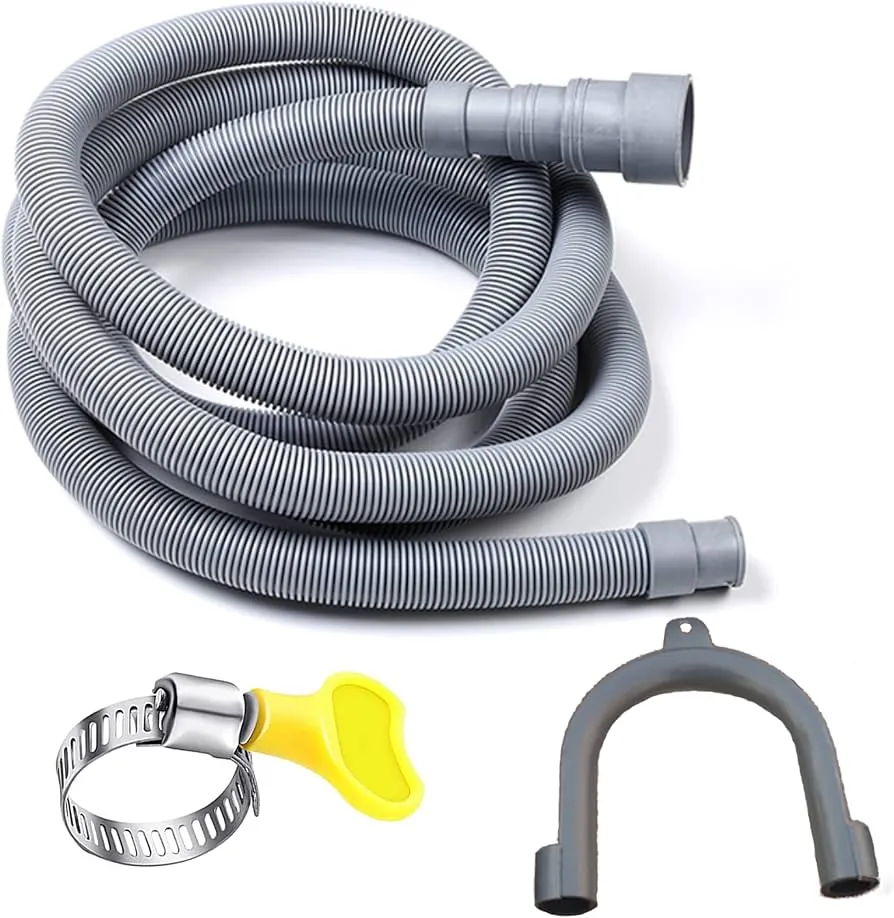 Tightening a metal connection nut on a washing machine supply line with a wrench.