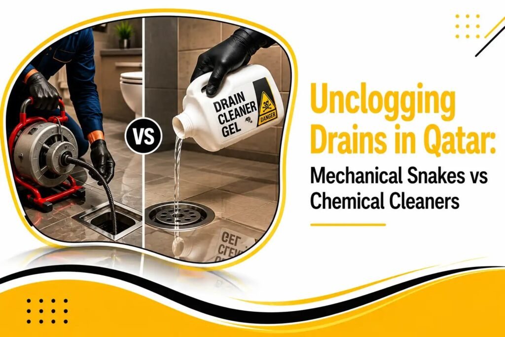 Tools for chemical and mechanical drain cleaning sit on a modern bathroom vanity.