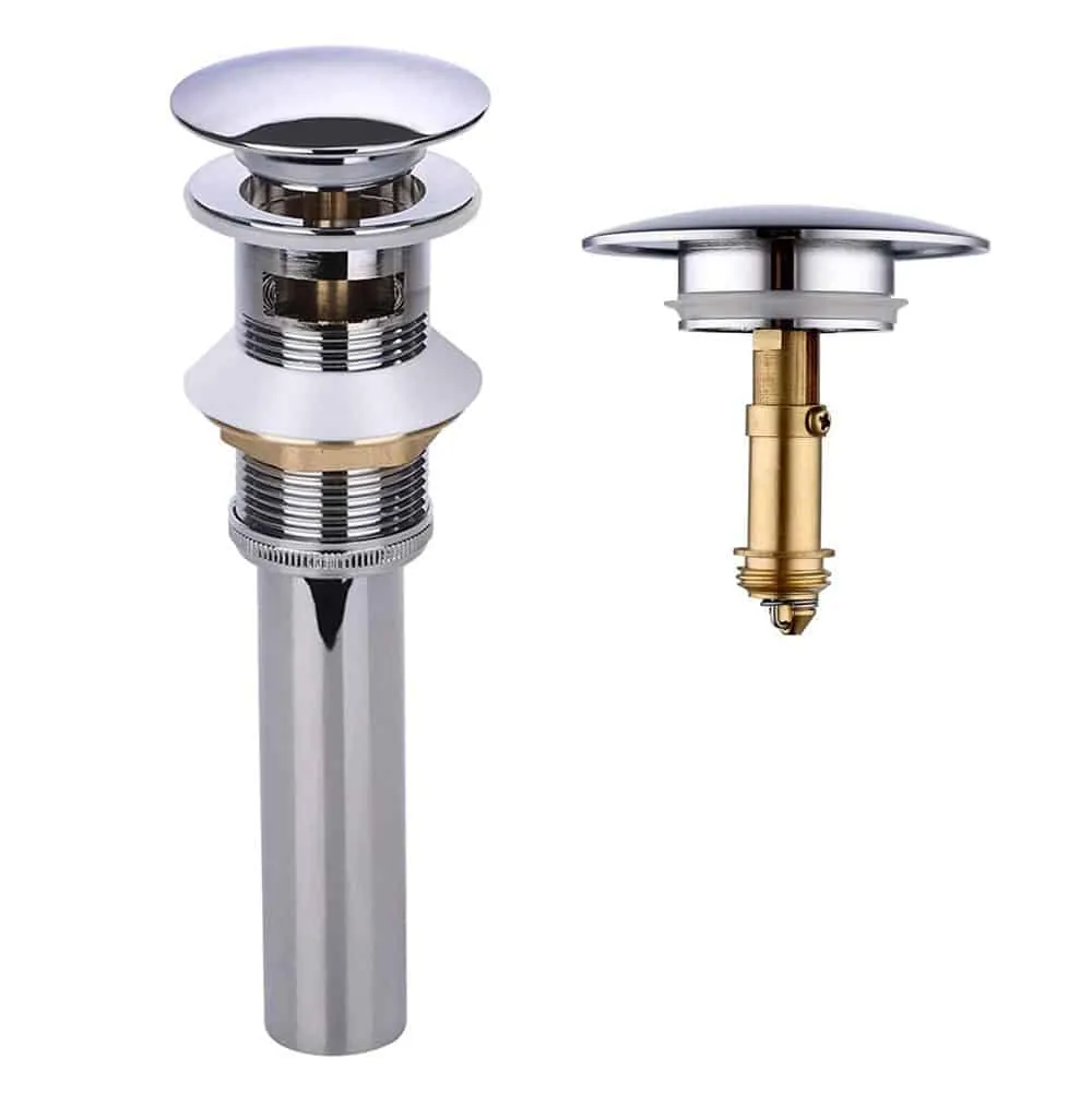 Two different bathroom sink drain types installed side-by-side in white ceramic sinks.