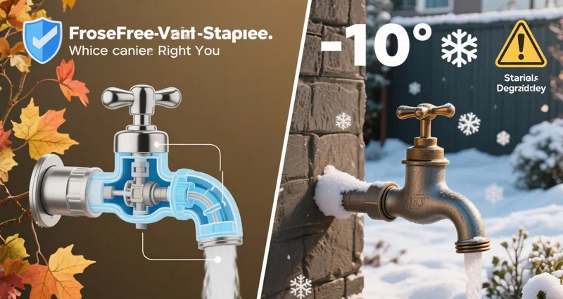 Two different outdoor faucet designs displayed side by side on a wooden workbench.